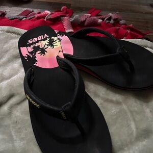 Reef Black Flip Flop Sandals with Pink Sunset Graphic